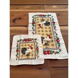 Vintage Printed Cotton Terry Cloth Rooster Dish Towel and Wash Cloth NWOT